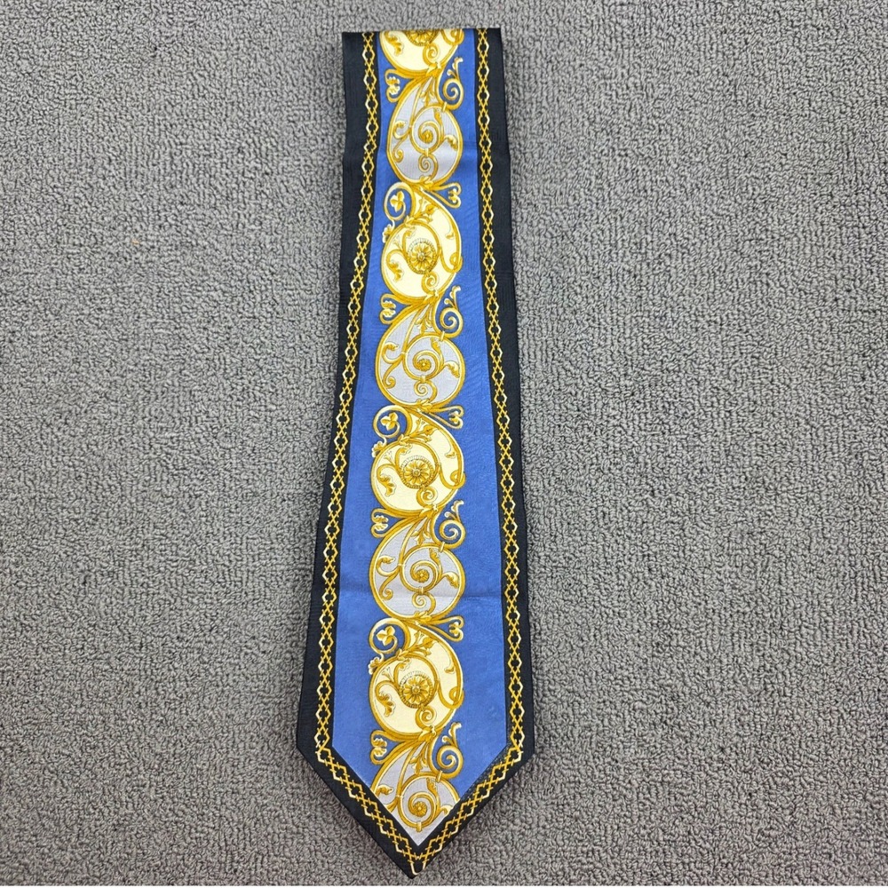 Georgio Gentelli Uomo Silk Tie Men Blue Gold Baroque Scroll Hand Made 3.75"